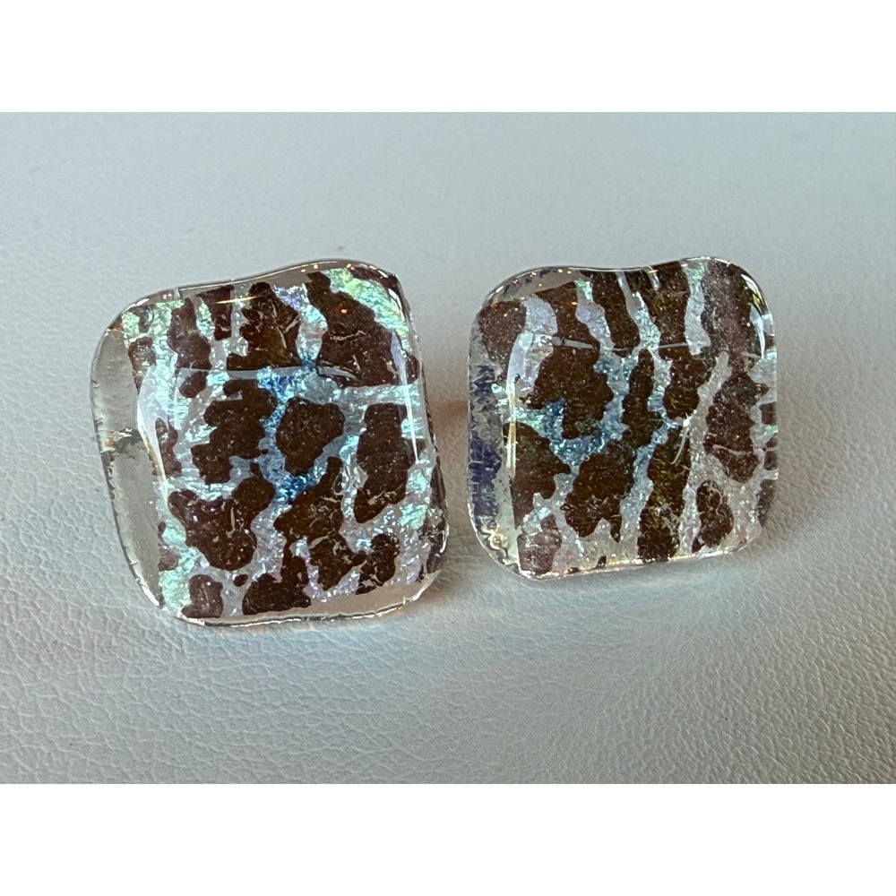 Vintage Dichroic Fused Glass Stud Earrings Square Iridescent Shimmer No Backs